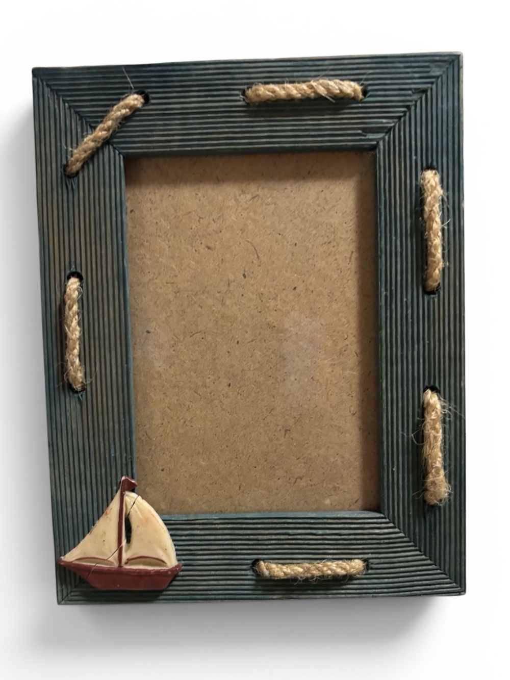 Nautical Rope Accent Picture Frame Blue Green Weathered Wood Sail Boat 6” x 7”